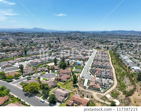 Aerial view of big houses community in Escondido, California 117397215