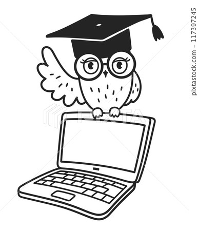 Cute owl character sitting on laptop Cute owl character sitting on laptop 117397245