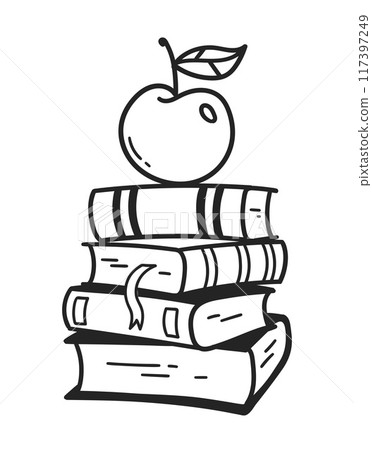 Line art vector illustration of apple on books 117397249