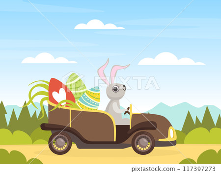Easter Bunny Character Driving Car with Decorated Colored Eggs Vector Illustration Easter Bunny Character Driving Car with Decorated Colored Eggs Vector Illustration 117397273