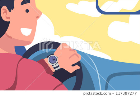 Man Character Driving Car Sitting on Driver Seat Inside Vehicle Vector Illustration 117397277