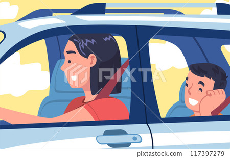 Woman Character Driving Car Sitting on Driver Seat with Passenger Inside Vehicle Vector Illustration 117397279