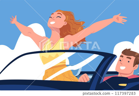 Man Character Driving Car Sitting on Driver Seat with Woman as Passenger Inside Vehicle Vector Illustration 117397283