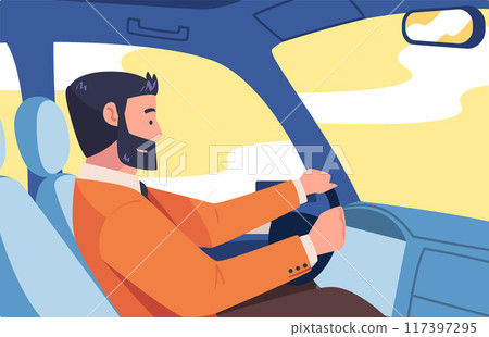 Bearded Man Character Driving Car Sitting on Driver Seat Inside Vehicle Vector Illustration 117397295