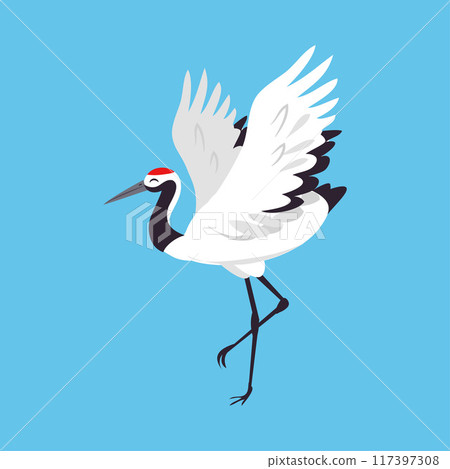 Red Crowned Crane as Long-legged and Long-necked Bird Standing with Spread Wings on Blue Background Vector Illustration 117397308