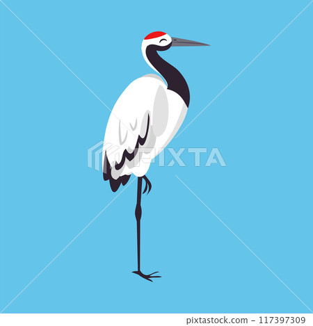 Red Crowned Crane as Long-legged and Long-necked Bird Standing on Blue Background Vector Illustration Red Crowned Crane as Long-legged and Long-necked Bird Standing on Blue Background Vector Illustration 117397309