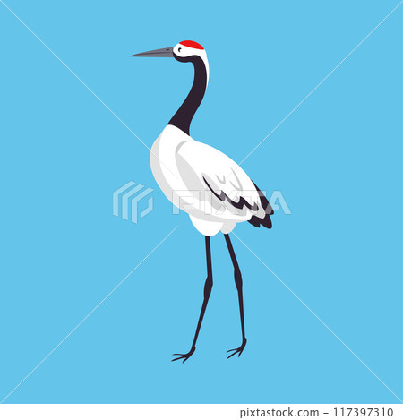 Red Crowned Crane as Long-legged and Long-necked Bird Standing on Blue Background Vector Illustration 117397310