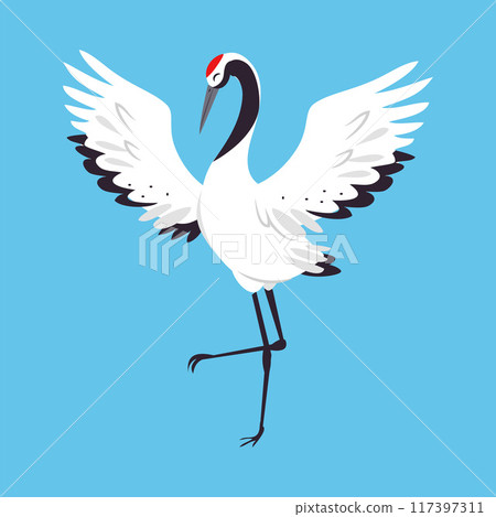 Red Crowned Crane as Long-legged and Long-necked Bird Standing with Spread Wings on Blue Background Vector Illustration 117397311