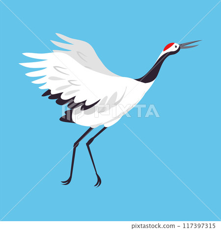 Red Crowned Crane as Long-legged and Long-necked Bird Running with Spread Wings on Blue Background Vector Illustration Red Crowned Crane as Long-legged and Long-necked Bird Running with Spread Wings on Blue Background Vector Illustration 117397315