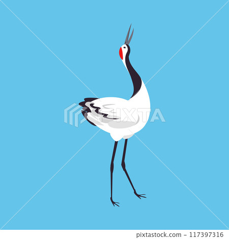 Red Crowned Crane as Long-legged and Long-necked Bird Walking on Blue Background Vector Illustration 117397316