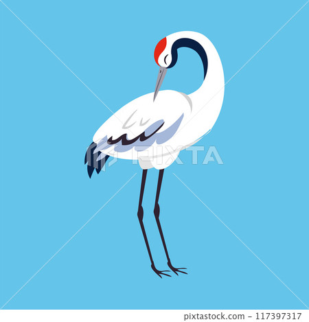 Red Crowned Crane as Long-legged and Long-necked Bird Standing on Blue Background Vector Illustration 117397317