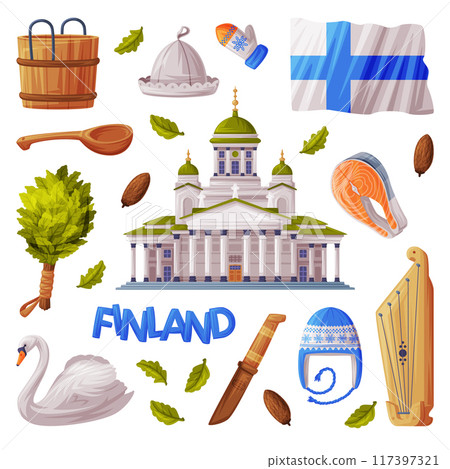 Finland Symbol and Attribute with Saint Nicholas Cathedral and Bath Broom Vector Set 117397321
