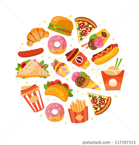 Fast Food with Hot Dog and Pizza Arranged in Circle Vector Template 117397333