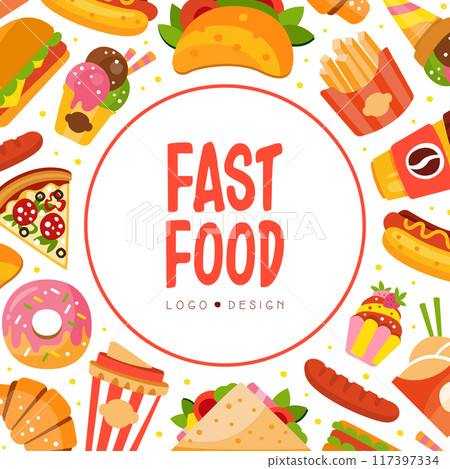 Square Card with Fast Food with Hot Dog and Pizza Vector Template 117397334