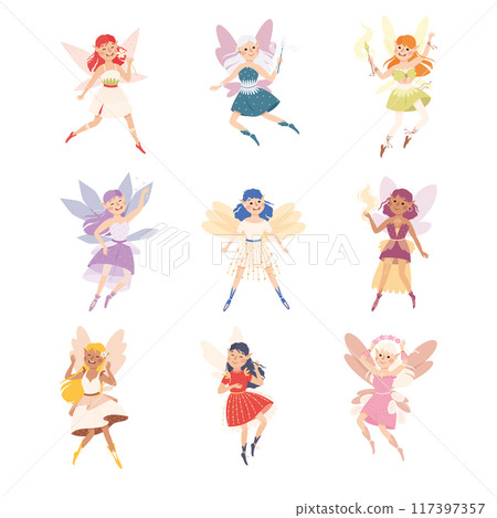 Cute Girl Fairy with Wings Flying with Magic Wand Vector Set 117397357