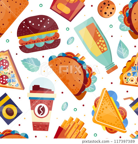 Fresh Fast Food and Drink Vector Seamless Pattern Template 117397389