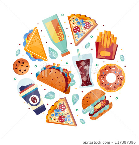 Fresh Fast Food and Drink Arranged in Circle Vector Template Fresh Fast Food and Drink Arranged in Circle Vector Template 117397396