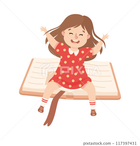 Little Girl Flying on Book Ready to Study Vector Illustration 117397431