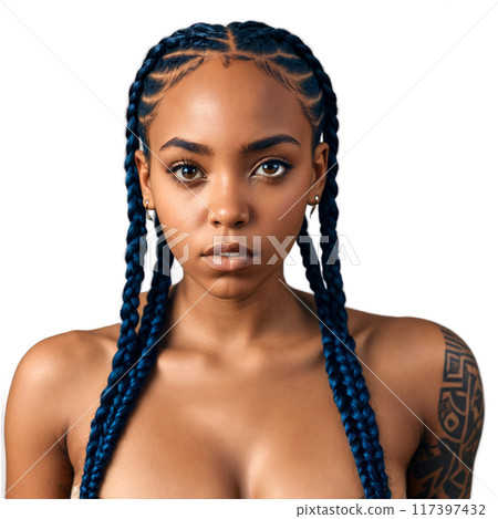 Young African American woman with box braids and tribal tattoo attractive face piercing eyes snarling. Essence of diverse femininity. Young African American woman with box braids and tribal tattoo attractive face piercing eyes snarling. Essence of diverse femininity. 117397432