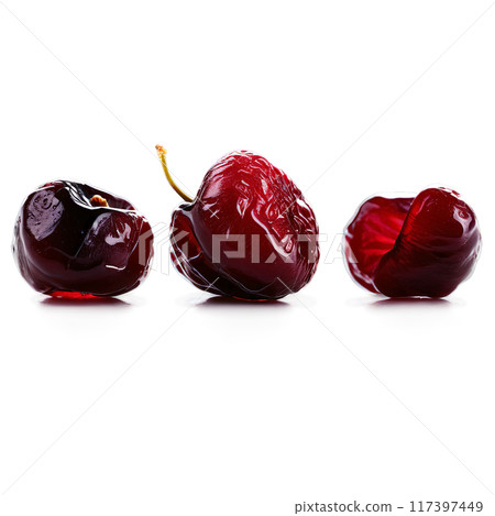 Dried cherries deep red and wrinkled with a light coating of sugar shot from a 117397449