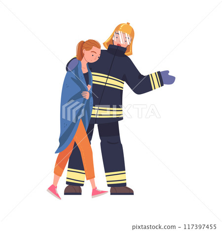 Man Firefighter Character Warning Woman About Emergency or Danger Vector Illustration 117397455