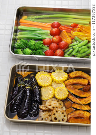 A perfect cold appetizer for summer. Vegetables are lightly boiled or fried and then soaked in broth. 117397558