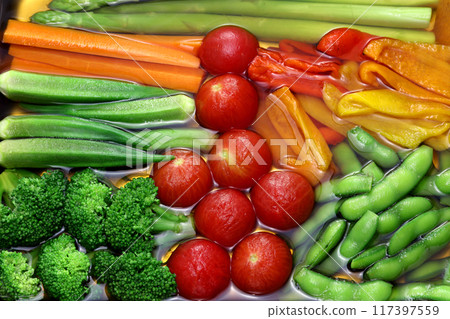 A perfect cold appetizer for summer. Vegetables are lightly boiled or fried and then soaked in broth. 117397559