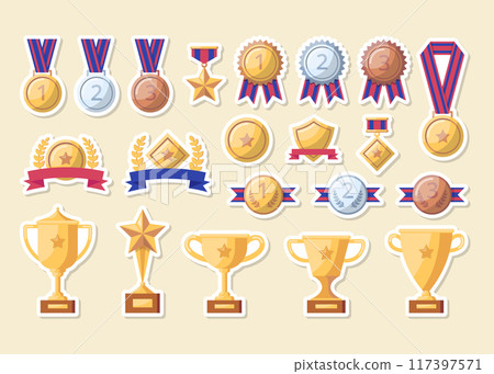 Cartoon Color Trophy or Awards for Winners Stickers Set Competition Concept Flat Design Style. Vector illustration of Medals with Ribbon and Cup 117397571