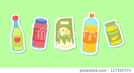 Cartoon Color Sauce Jar Bottle Stickers Set Concept Flat Design Style. Vector illustration of Olive Oil, Vinegar and Mayo 117397573