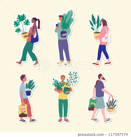 Cartoon Color Characters People Holding Plants Stickers Set Hobby Concept Flat Design Style. Vector illustration of Man and Woman with Houseplant 117397574