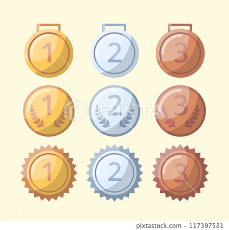 Cartoon Color Different Type Awards Medals without Ribbon Set Symbol of Win Competition. Vector illustration of Gold, Silver and Bronze Type 117397581