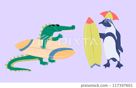 Cartoon Color Characters Animal Crocodile and Penguin Surfers Set Summer Vacation Activity Surfboarding Concept Flat Design Style. Vector illustration Cartoon Color Characters Animal Crocodile and Penguin Surfers Set Summer Vacation Activity Surfboarding Concept Flat Design Style. Vector illustration 117397601