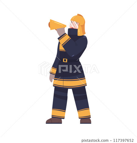Man Firefighter Character Standing with Megaphone Warning About Emergency or Danger Vector Illustration 117397652