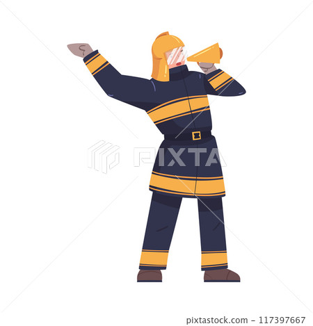 Man Firefighter Character Standing with Megaphone Warning About Emergency or Danger Vector Illustration 117397667