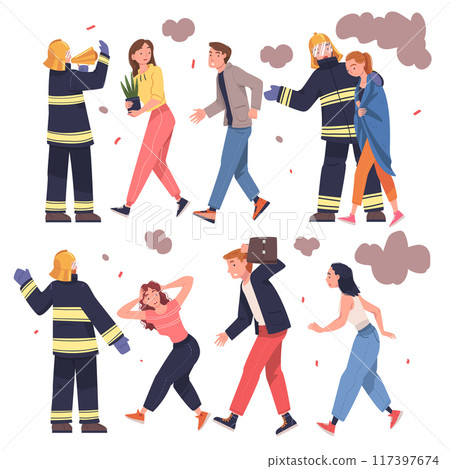 Fire Emergency with Firefighter Warning People when Smoke Vector Set 117397674