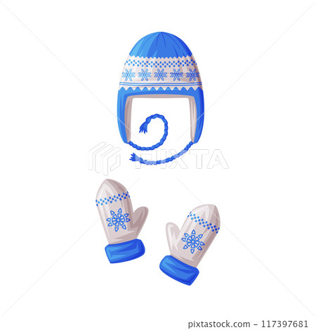 Warm Knitted Mittens and Hat as Finland Symbol and Attribute Vector Illustration 117397681