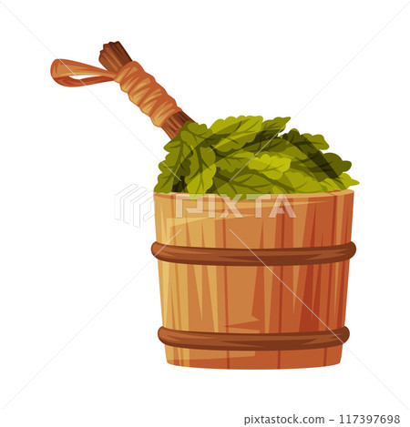 Wooden Barrel and Oak Broom for Sauna as Finland Symbol and Attribute Vector Illustration 117397698