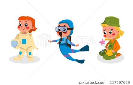 Funny kids of various professions set. Diver, astronaut, gardener cartoon vector illustration Funny kids of various professions set. Diver, astronaut, gardener cartoon vector illustration 117397699