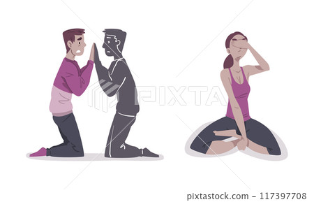 Mental health problems set. Boy suffering from split of personality, stressed depressed girl vector illustration Mental health problems set. Boy suffering from split of personality, stressed depressed girl vector illustration 117397708
