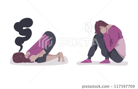 Girls in depressive state of mind set. Mental health problems, stressed depressed people vector illustration 117397709