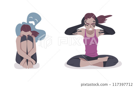 Psychological disorders set. Depressed girls having mental health problems vector illustration 117397712
