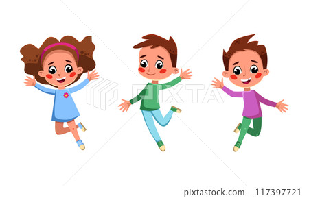 Group of funny kids jumping together. Happy boys and girl having fun cartoon vector illustration 117397721