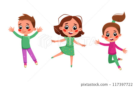 Group of funny children jumping together. Happy kids joyfully jumping cartoon vector illustration 117397722