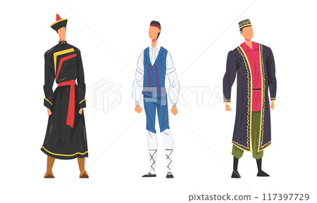 People in national clothing set. Young men in traditional outfit of different countries cartoon vector illustration 117397729