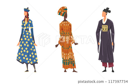 People in national clothing set. Man and women in traditional outfit of Mongolia, Japan, African cartoon vector illustration 117397734