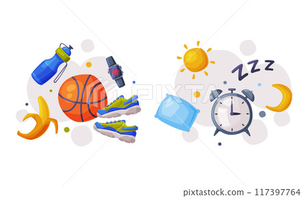 Healthy diet and sports objects set. Alarm clock, sports equipment and nutritious food vector illustration 117397764