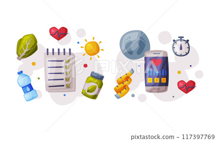 Healthy diet and sports objects set. Healthy nutritious food, supplements, scales and checklist vector illustration 117397769