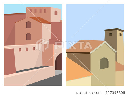 Abstract architecture in the Mediterranean style. Minimalist building design. Template for posters, prints, interior design and creative ideas Abstract architecture in the Mediterranean style. Minimalist building design. Template for posters, prints, interior design and creative ideas 117397806