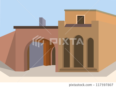 Simplified facade of buildings. Minimalistic abstract style. Template for posters, prints, interior design and creative ideas Simplified facade of buildings. Minimalistic abstract style. Template for posters, prints, interior design and creative ideas 117397807