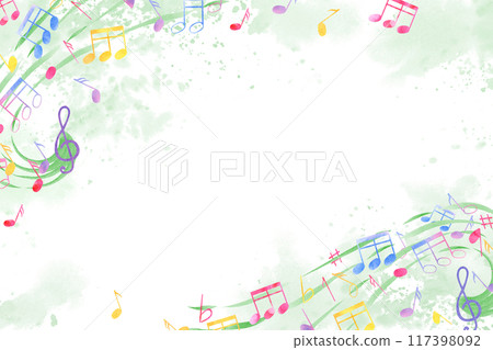 Musical multicolored notes on paint splatters. Flying music staff. Horizontal frame in green colors. International Music Day. Copy space for text. Watercolor illustration. For greeting, invitation 117398092